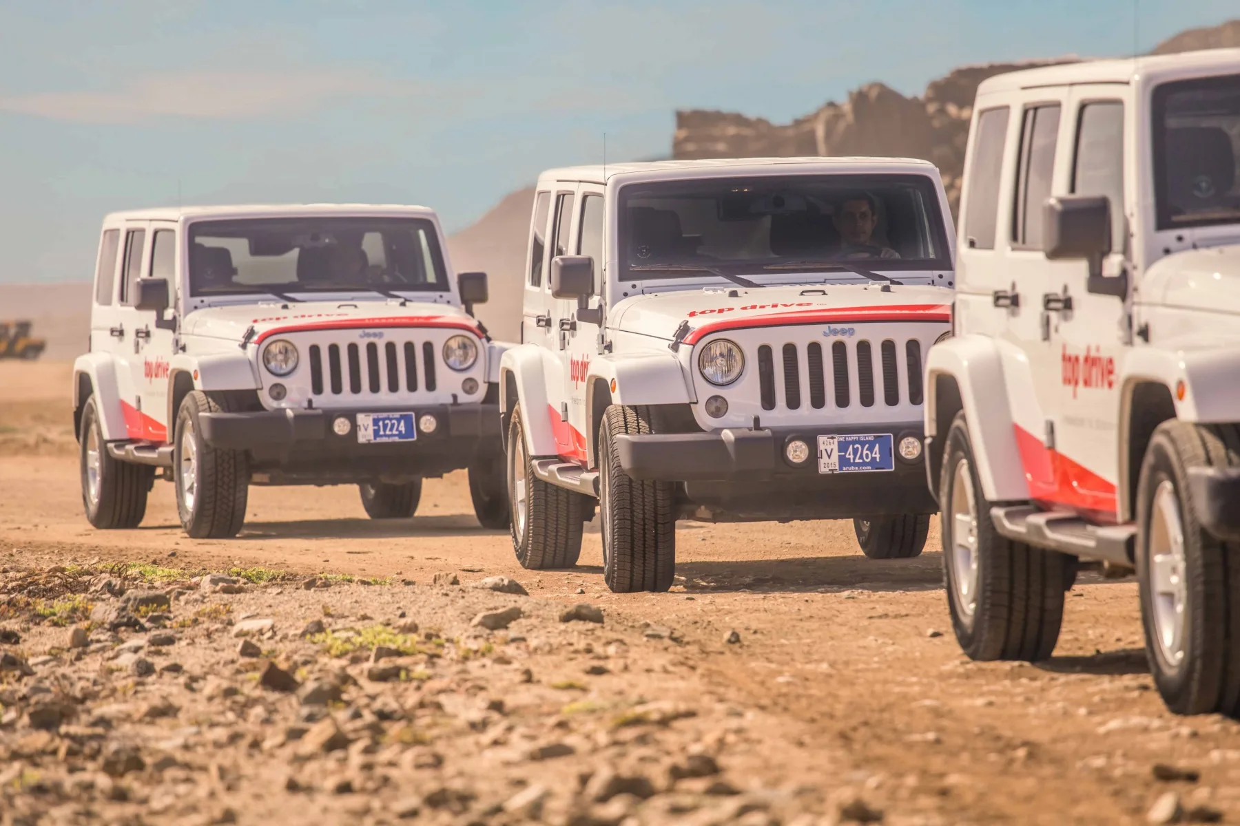 Row of white Top Drive branded Jeep Wranglers on a dirt track