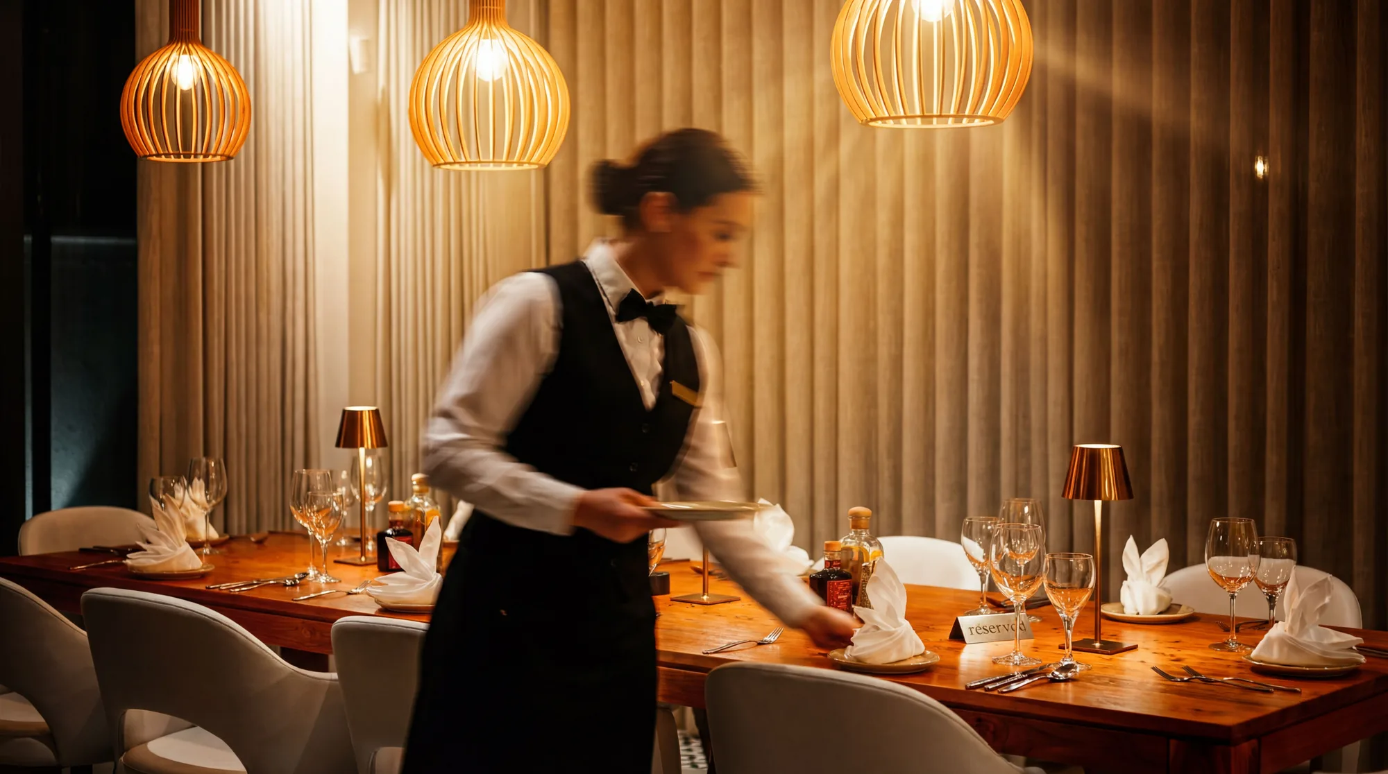 Dining room with server setting tables