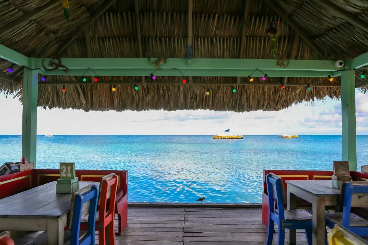 Palapa-covered pier deck with tables overlooking the sea