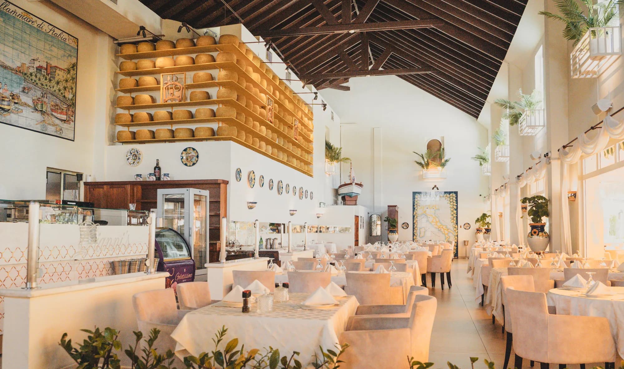 Dining room with white tablecloths