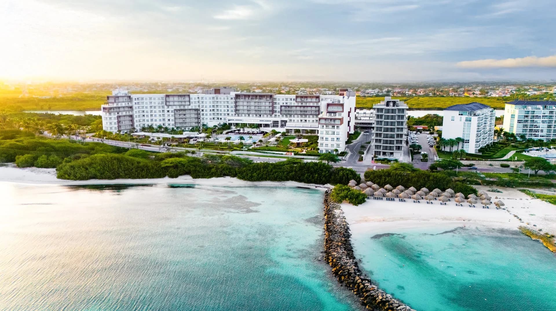 Aerial view of resort buildings and beach
